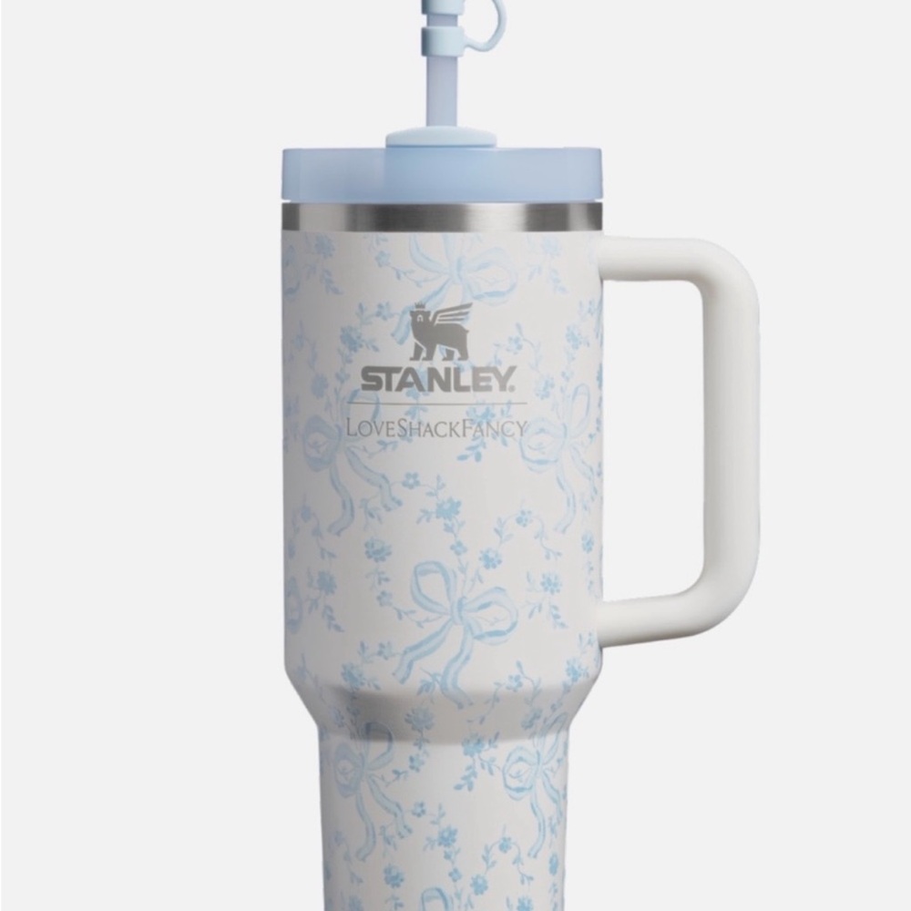 Stanley White Travel Mug with Light Blue Floral Bow Design and Handle